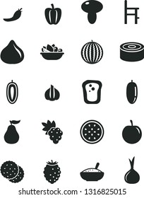 Solid Black Vector Icon Set - a chair for feeding vector, canned goods, mushroom, bowl of rice porridge, plate fruit, biscuit, sandwich, grape, fig, tasty raspberry, water melon, date, plum, sweet