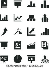 Solid Black Vector Icon Set - pie chart vector, bar, graph, growth, negative histogram, a crisis, scheme, article on the dollar, book statistics, statistical research, presentation, financial report