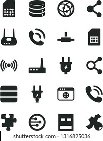 Solid Black Vector Icon Set - Puzzle vector, big data, phone call, plug, electric, SIM card, connection, connections, usb, router, network, browser, connect, wireless, satellite