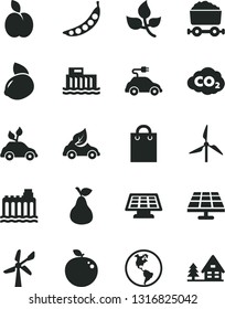 Solid Black Vector Icon Set - apple vector, pear, yellow lemon, delicious, peas, solar panel, leaves, windmill, wind energy, planet Earth, hydroelectric station, hydroelectricity, eco car, electric