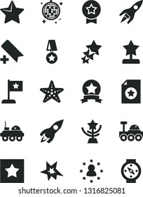 Solid Black Vector Icon Set - add bookmark vector, star, rocket, lunar rover, bang, cup, reward, flag, medal, ribbon, certificate, stars around man, three, disco ball, starfish, compass
