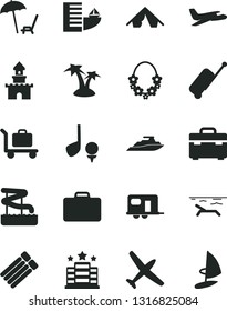 Solid Black Vector Icon Set - suitcase vector, sand castle, plane, camper, rolling case, hotel, tent, beach, arnchair under umbrella, palm tree, hawaii wreath, aquapark, baggage, golf, yacht
