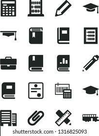 Solid Black Vector Icon Set - briefcase vector, graphite pencil, book, new abacus, e, buildings, writing accessories, calculation, clip, on statistics, engineer calculator, graduate hat, patente