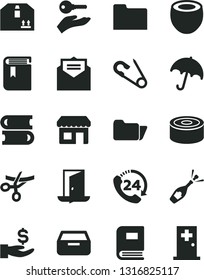Solid Black Vector Icon Set - book vector, open pin, books, received letter, umbrella, drawer, cardboard box, 24, canned goods, half of coconut, kiosk, get a wage, folder, arm with key, exit door