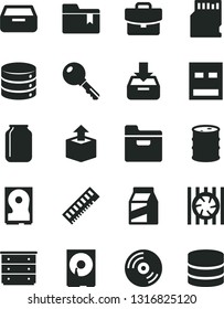 Solid Black Vector Icon Set - folder bookmark vector, chest of drawers, key, CD, big data, suitcase, put in a box, drawer, package, unpacking, barrel, jar, radiator fan, memory, hdd, usb, sd card