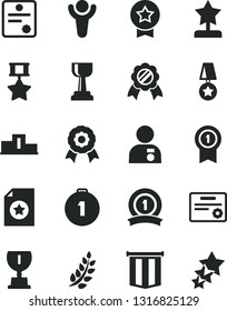 Solid Black Vector Icon Set - medal vector, patente, winner, laurel branch, pedestal, award, gold cup, star reward, man with, first place, pennant, ribbon, hero, certificate, flag, three stars