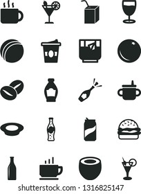 Solid Black Vector Icon Set - mug for feeding vector, bath ball, packing of juice with a straw, coffee, burger, plate milk, beans, cup tea, coffe to go, glass, cocktail, soda can, bottle, orange