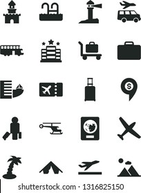 Solid Black Vector Icon Set - coastal lighthouse vector, sand castle, helicopter, dollar pin, plane, bus, passenger, suitcase, rolling, passport, ticket, departure, hotel, tent, palm tree, pool