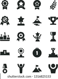 Solid Black Vector Icon Set - pedestal vector, medal, laurel branch, winner podium, prize, cup, gold, star, reward, man hands up, motivation, mountain flag, first place, ribbon