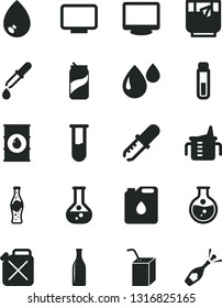 Solid Black Vector Icon Set - measuring cup for feeding vector, packing of juice with a straw, drop, glass tea, soda can, bottle, round flask, oil, canister, monitor, test tube, pipette, champagne