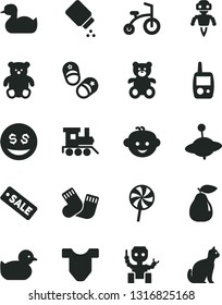 Solid Black Vector Icon Set - baby powder vector, Child T shirt, rubber duck, duckling, warm socks, toy mobile phone, teddy bear, small, children's hairdo, train, yule, bicycle, shoes, lollipop