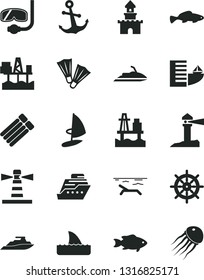 Solid Black Vector Icon Set - anchor vector, small fish, sea port, commercial seaport, lighthouse, coastal, sand castle, hotel, beach, flippers, diving mask, handwheel, jet ski, cruiser, shark fin