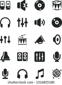 Solid Black Vector Icon Set - bell vector, desktop microphone, horn, loudspeaker, drumroll, drum, headphones, music, regulator, volume, no sound, cd, pc speaker, settings, disco ball