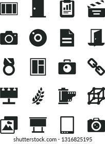 Solid Black Vector Icon Set - camera vector, scribbled paper, spectacles, roll, movie cracker, window, frame, ntrance door, picture, billboard with illumination, statistical report, tablet pc, exit