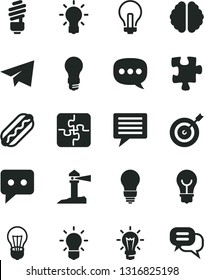 Solid Black Vector Icon Set - image of thought vector, incandescent lamp, paper airplane, Puzzle, Puzzles, saving light bulb, Hot Dog, coastal lighthouse, think, speech, brain, target, dialog