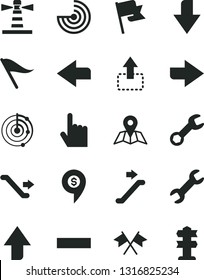 Solid Black Vector Icon Set - upward direction vector, downward, right, left, wind indicator, minus, index finger, map, flag, move up, lighthouse, repair, radar, cross flags, dollar pin, escalator