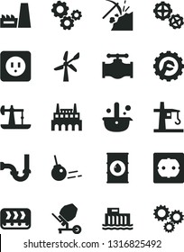 Solid Black Vector Icon Set - gears vector, concrete mixer, sewerage, power socket type b, f, star gear, core, oil derrick, coal mining, wind energy, valve, hydroelectric station, thermal plant