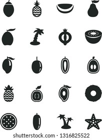 Solid Black Vector Icon Set - a pineapple vector, half of medlar, mango, loquat, date fruit, passion, sweet, kiwi, tamarillo, guawa, piece coconut, slice, ripe guava, palm tree, starfish