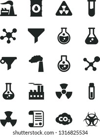 Solid Black Vector Icon Set - round flask vector, manufacture, factory, oil, industrial building, radiation, carbon dyoxide, filter, water, research article, test tube, molecule, nuclear, biohazard