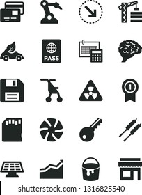 Solid Black Vector Icon Set - floppy disk vector, sitting stroller, tower crane, paint bucket, calculation, passport, cards, right bottom arrow, barbecue, eco car, robot welder, fan, sd card, brain