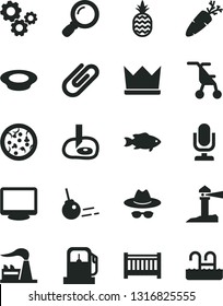 Solid Black Vector Icon Set - desktop microphone vector, hat with glasses, baby cot, sitting stroller, core, clip, pizza, a plate of milk, carrot, fish, pineapple, gas station, factory, gears, crown
