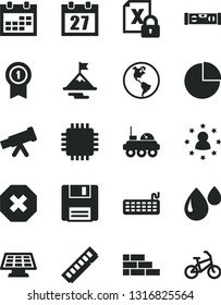 Solid Black Vector Icon Set - daily calendar vector, mark of injury, pie chart, brick wall, building level, planet Earth, drop, encrypting, keyboard, cpu, memory, floppy, telescope, sun panel, bike