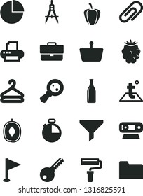 Solid Black Vector Icon Set - paint roller vector, clip, briefcase, pennant, pie chart, key, temperature, timer, hanger, blackberry, delicious plum, ripe pepper, Measuring compasses, Glass bottle
