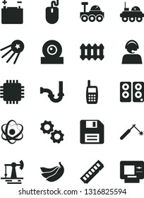 Solid Black Vector Icon Set - floppy disk vector, sewerage, new radiator, bananas, working oil derrick, accumulator, welding, operator, mobile phone, mouse, cpu, memory, web camera, pc speaker, atom