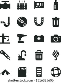 Solid Black Vector Icon Set - camera vector, feeding bottle, bag of a paramedic, hook, drill, siphon, stationery knife, radiator, kitchen faucet, CD, valve, tower crane, pc, card, trash bin, sd