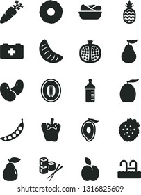 Solid Black Vector Icon Set - measuring bottle for feeding vector, bag of a paramedic, lettuce in plate, peper, carrot, sushi set, strawberries, pineapple, apple, half pomegranate, pear, mango, peas