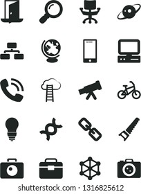 Solid Black Vector Icon Set - spectacles vector, hand saw, portfolio, bulb, camera, smartphone, flowchart, phone call, computer, magnifier, chair, telescope, dna, globe, saturn, 3d cube, exit door