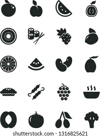 Solid Black Vector Icon Set - pie vector, hot porridge, meat on skewers, sushi set, apple, orange slice, grape, large, cornels, loquat, half peach, yellow lemon, of kiwi, delicious, guawa, persimmon