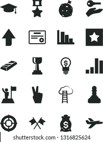 Solid Black Vector Icon Set - upward direction vector, positive histogram, bar chart, gold cup, pawn, graduate, man with flag, on moon, hero medal, star, certificate, aim, cross flags, arm key, idea