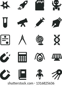Solid Black Vector Icon Set - horseshoe magnet vector, space rocket, sd card, test tube, telescope, dna, bactery, book, globe, calculator, drawing compass, robot, sun panel, syringe, patente, bang