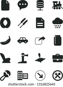 Solid Black Vector Icon Set - scribbled paper vector, beanbag, car child seat, cloud, motor vehicle, baby toy train, small yule, city block, speech, big data server, move right, bottom arrow, banana