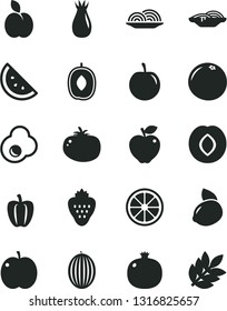 Solid Black Vector Icon Set - onion vector, slices of, tomato, fried egg, strawberry, apple, orange slice, pomegranate, red, plum, rose hip, melon, delicious, tasty, yellow lemon, juicy, grapefruit