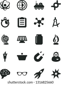 Solid Black Vector Icon Set - jar vector, pan, molecule, atom, glasses, dna, brain, globe, magnet, flame, scientist, clipboard, drawing compass, earth core, sun panel, rocket, lunar rover, stopwatch