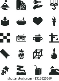 Solid Black Vector Icon Set - heart symbol vector, bookmark, keyboard, mug for feeding, packing of juice with a straw, winch hook, color samples, tile, unpacking, bowl rice porridge, pineapple