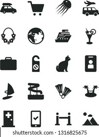 Solid Black Vector Icon Set - Earth Vector, Car Baggage, Rope Barrier, Suitcase, Phone Registration, Hawaii Wreath, Cocktail, Aquapark, Medical Room, Flippers, Transfer, Pets, Access Card, Cart