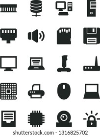 Solid Black Vector Icon Set - laptop vector, monitor, archive, big data server, volume, processor, computer, notebook pc, radiator fan, mouse, tower, cpu, web camera, router, printer, floppy