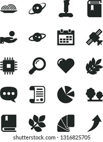 Solid Black Vector Icon Set - calendar vector, book, e, sample of colour, heart, onion, trees, catch a coin, pie charts, research article, speech, cpu, magnifier, joystick, satellite, saturn