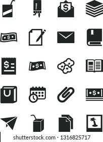 Solid Black Vector Icon Set - clean paper vector, e, packing of juice with a straw, electronic boiler, envelope, book, pile, notes, bag handles, clip, popcorn, article on the dollar, cash, plane