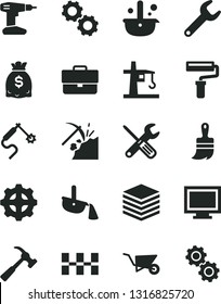 Solid Black Vector Icon Set - paint roller vector, monitor window, briefcase, building trolley, small tools, drill, wooden brush, ceramic tiles, hammer with claw, pile, coal mining, gear, repair key
