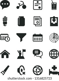 Solid Black Vector Icon Set - silent mode vector, download archive data, tricycle, house, hand saw, speech, earth, a glass of soda, energy saving bulb, jar, filter, scientific publication, calendar