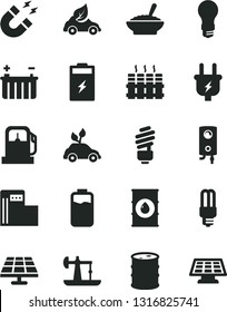 Solid Black Vector Icon Set - saving light bulb vector, radiator, boiler, a bowl of buckwheat porridge, charge level, charging battery, solar panel, oil derrick, gas station, modern, barrel, plug