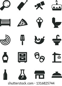 Solid Black Vector Icon Set - bedside table vector, baby cot, shoes for little children, washbasin, toilet, piece of pizza, torte, chili, popsicle, cone, bottle, Construction crane, Glass, stall