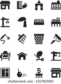 Solid Black Vector Icon Set - wicker pot vector, box of bricks, crane, concrete mixer, window, paint roller, brick, spatula, core, home, manufacture, hydroelectricity, industrial enterprise, kiosk