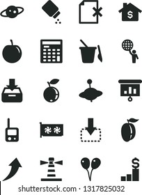 Solid Black Vector Icon Set - baby powder vector, toy phone, children's sand set, yule, colored air balloons, put in a box, delete page, move down, blueberry, ripe plum, tasty, lighthouse, gpu card