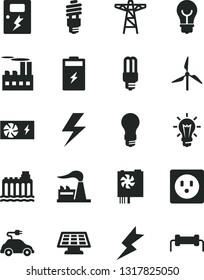 Solid Black Vector Icon Set - lightning vector, dangers, bulb, charging battery, windmill, factory, light, hydroelectricity, power pole, socket, industrial building, energy saving, mercury, resistor