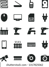 Solid Black Vector Icon Set - camera vector, cordless drill, heating coil, faucet mixer, screen, smartphone, battery, plug, electric, SIM, cast iron radiator, mobile phone, fan, mouse, keyboard, hdd